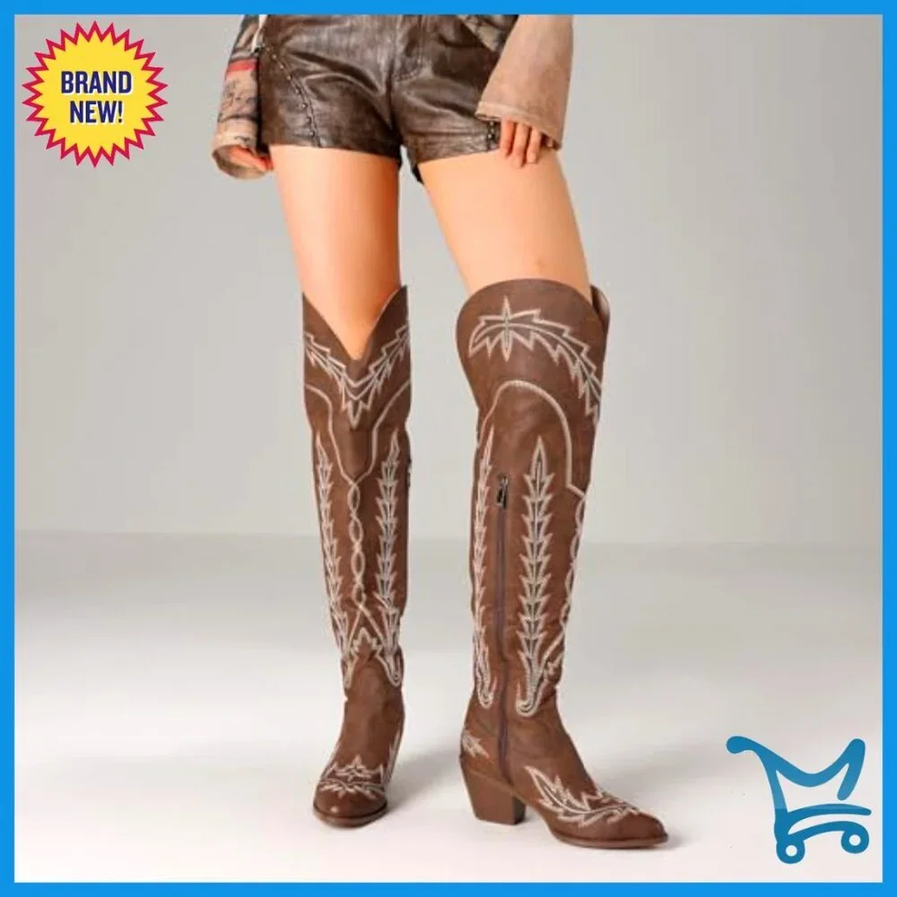 Thigh High Western Boots Pointed Toe Chunky Heel Side Zip Over Knee
